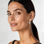 model is wearing 4 carat Asscher Solitaire Diamond Drop Earrings 
