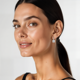 model is wearing 4 carat Asscher Solitaire Diamond Drop Earrings 
