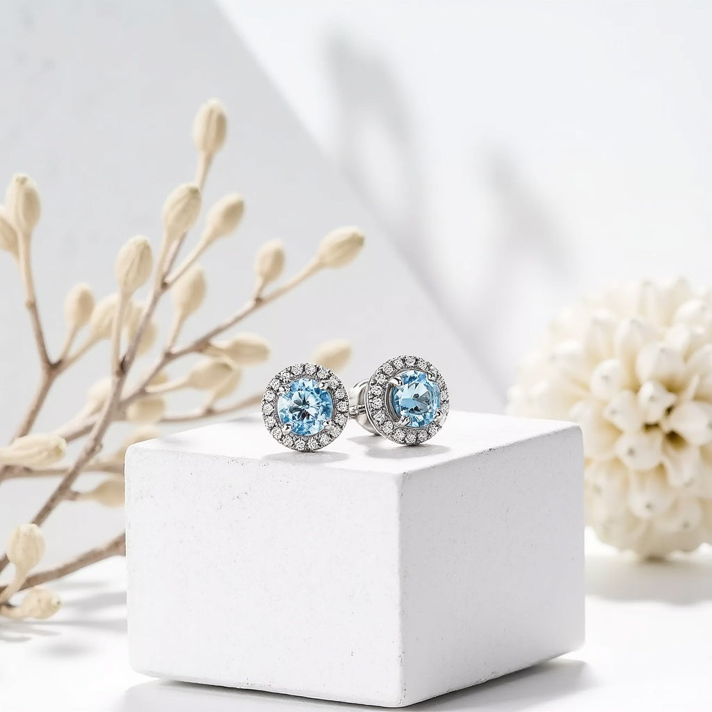Aquamarine & Diamond Halo Stud Earrings | Adorn By You