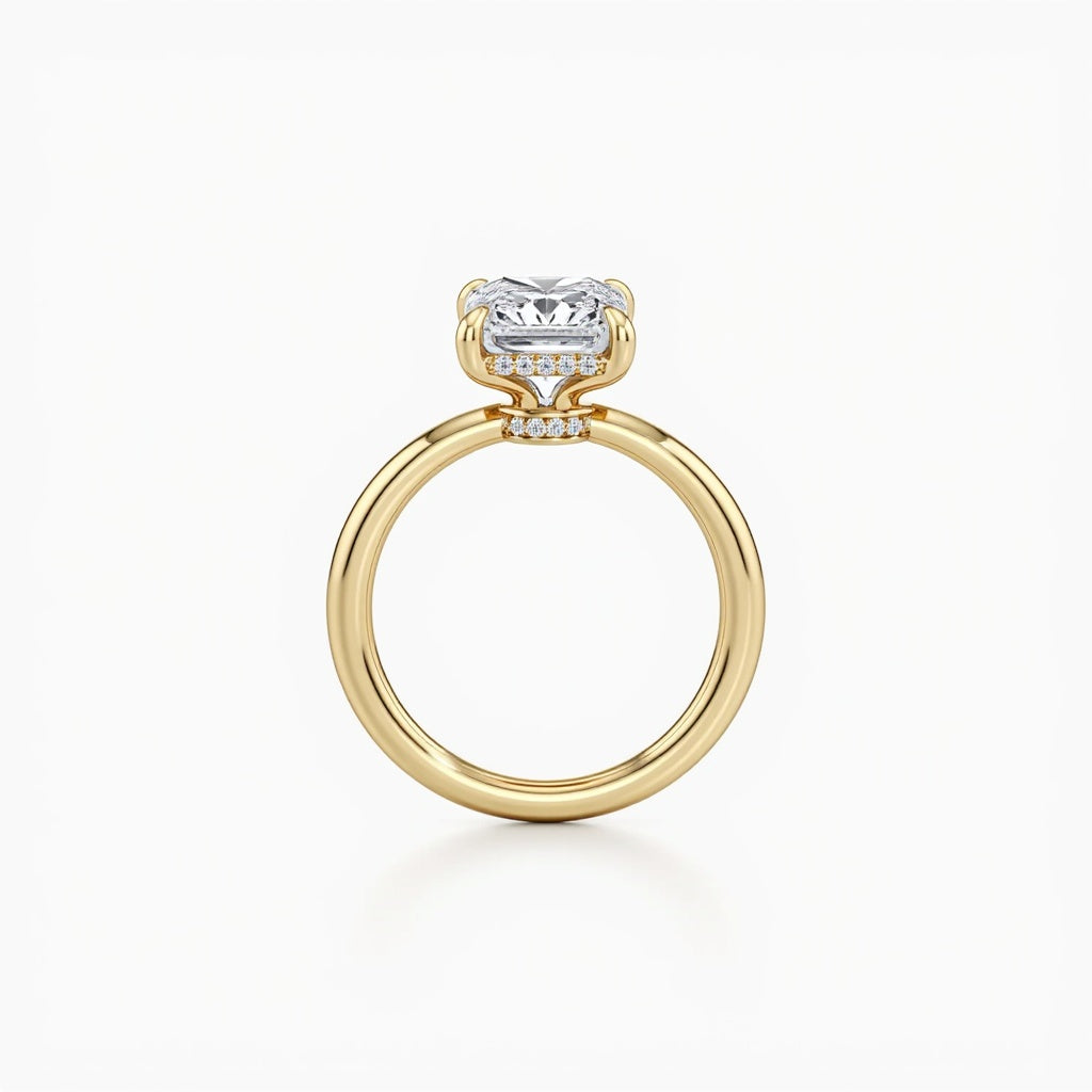 Over View and Side Look of Four Prong Radiant Center Diamond with Hidden Halo - Radiant Solitaire Engagement Ring | Adorn By You