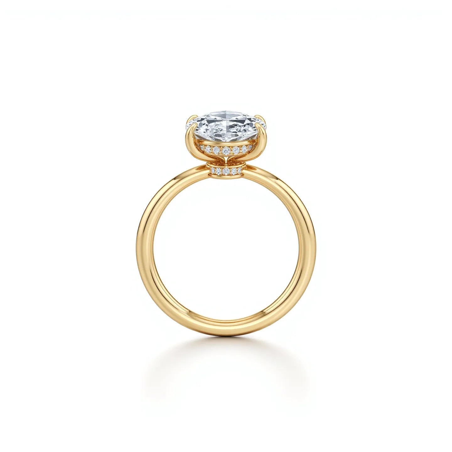 Side view of elegant oval solitaire ring with hidden halo diamonds and a classic yellow gold band for timeless beauty - Oval Solitaire Engagement Ring | Adorn By You