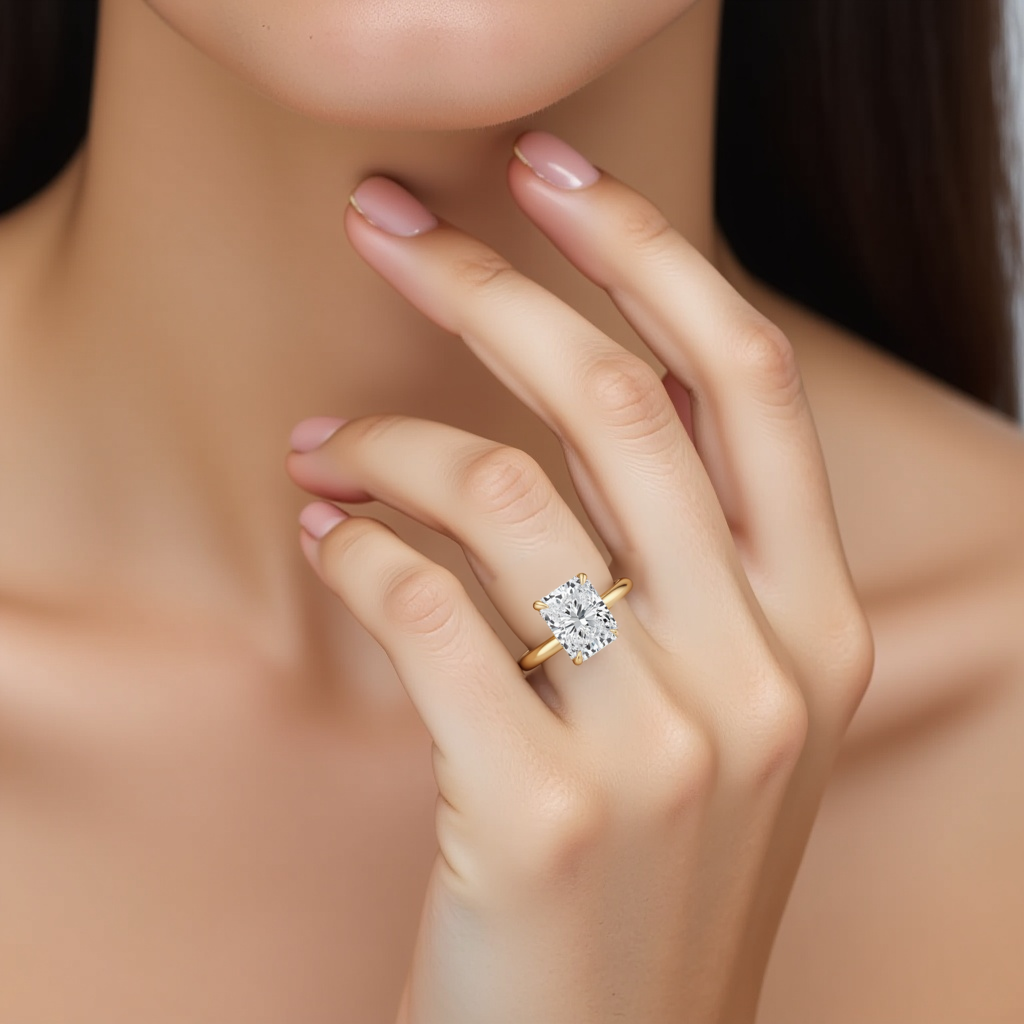 A model is wearing Radiant Cut Solitaire Engagement Ring. One of the classic collection of Adorn By You  | Adorn By You