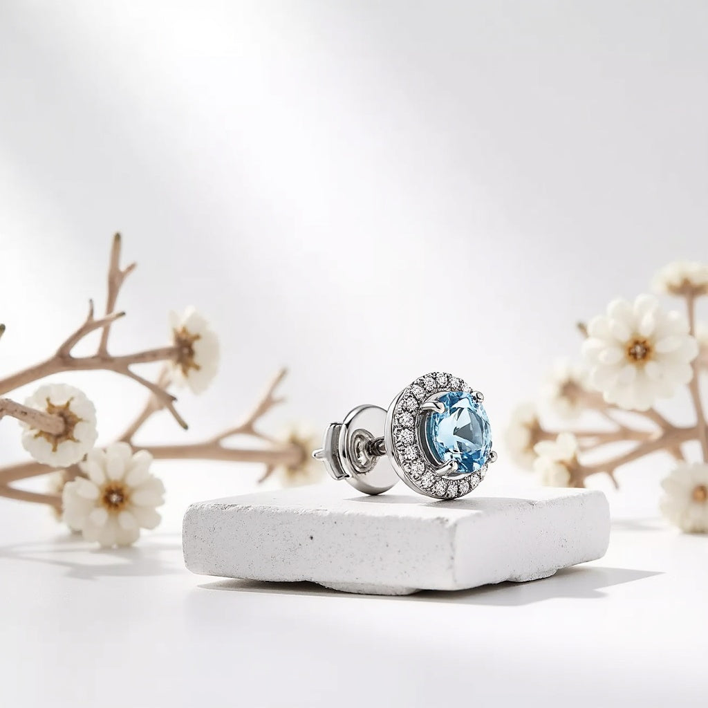Aquamarine & Diamond Halo Stud Earrings | Adorn By You