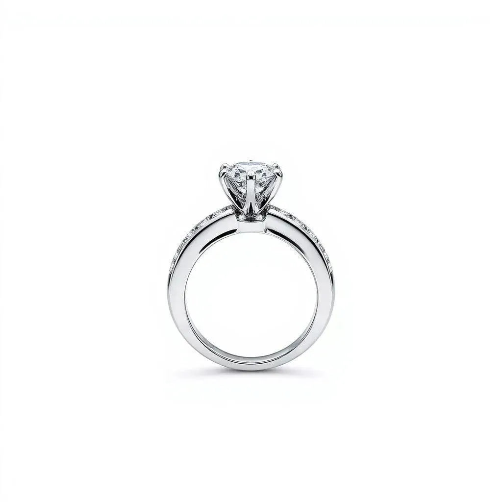 front view of engagement ring with a channel set diamond band in platinum