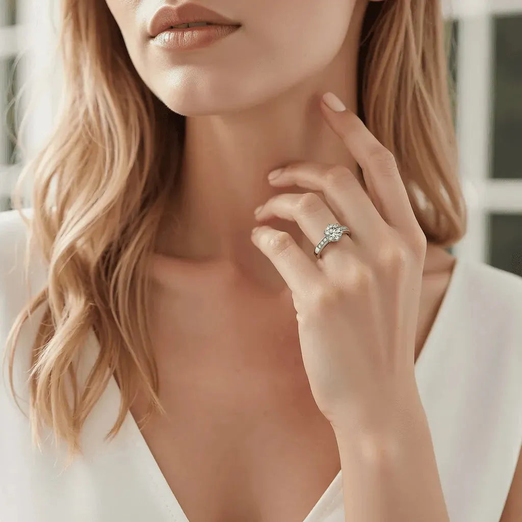 model wearing engagement ring with a channel set diamond band in rose gold