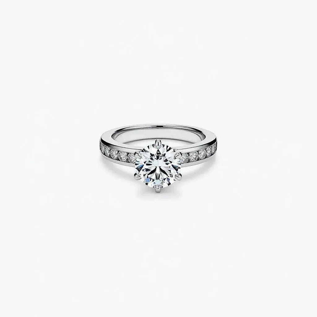 top view of engagement ring with a channel set diamond band in platinum